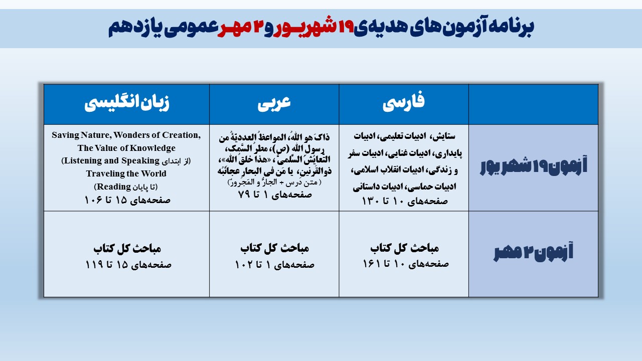 برنامه‌ی آزمون‌های هدیه 19 شهریور و 2 مهـر دروس عمومی یازدهم