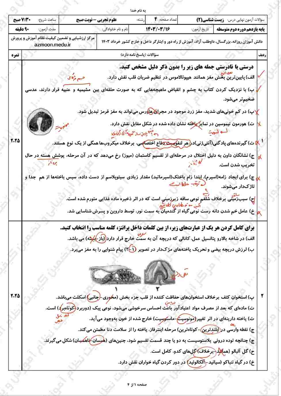 پاسخ امتحان نهایی زیست شناسی یازدهم