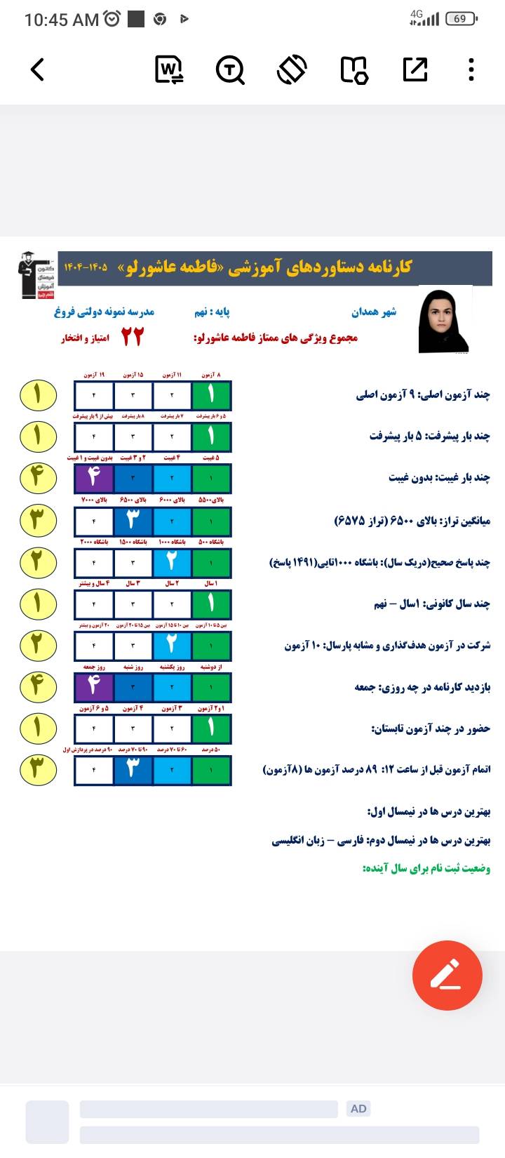 گفتگو با فاطمه عاشورلو قبولی تیزهوشان پایه نهم از همدان یک